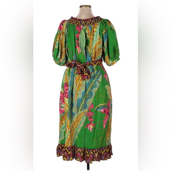 Farm Rio banana leaves off shoulder linen midi dress pockets belted - Picture 3 of 6